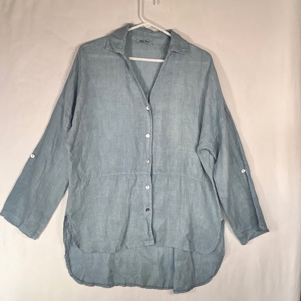 Meo Meli Italy Linen Button Up Shirt Light Blue Roll Tab Sleeve High Low Top